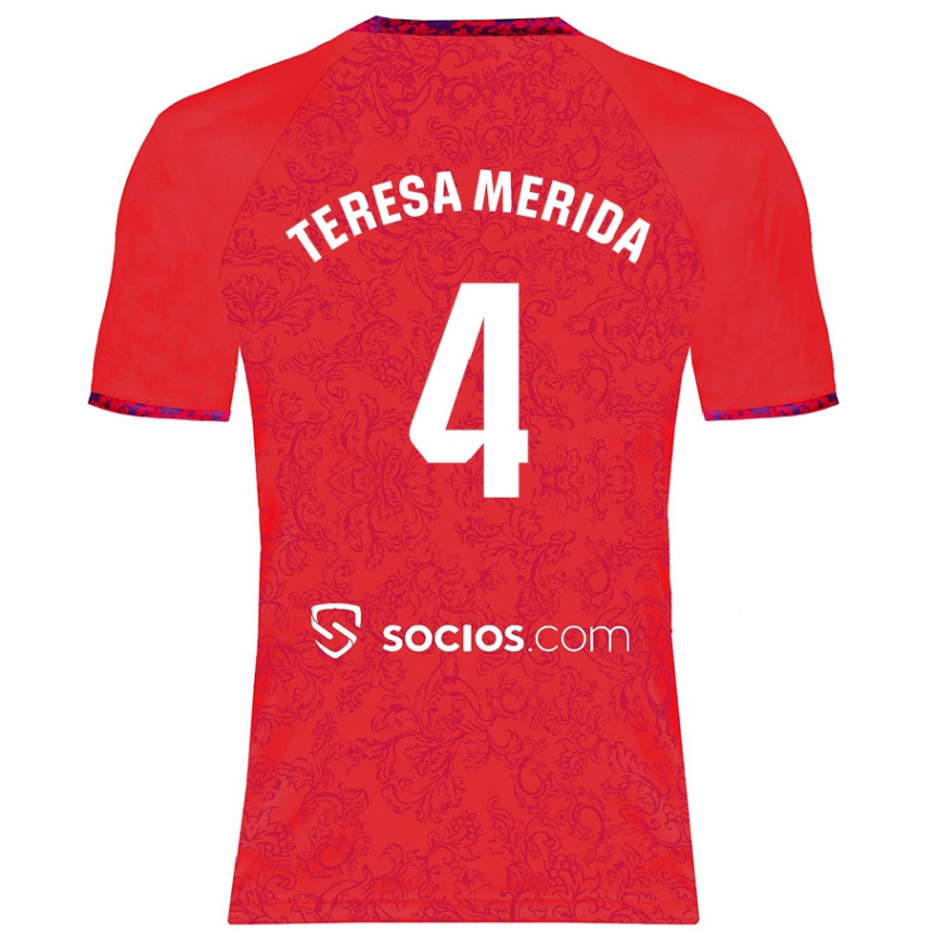 Kids Football Teresa Merida #4 Red Away Jersey 2024/25 T-Shirt Uk