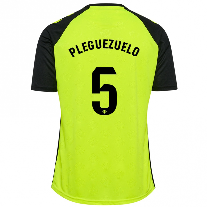 Kids Football Xavi Pleguezuelo #5 Fluorescent Yellow Black Away Jersey 2024/25 T-Shirt Uk