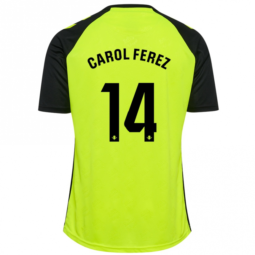 Kids Football Carolina Férez Méndez #14 Fluorescent Yellow Black Away Jersey 2024/25 T-Shirt Uk