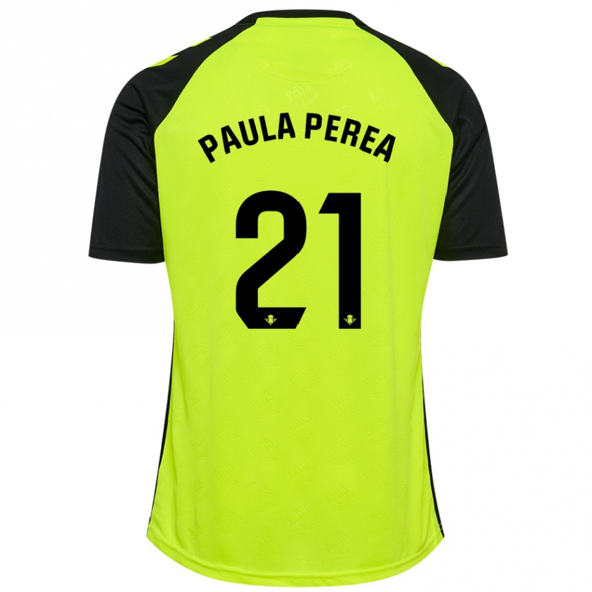 Kids Football Paula Perea Ramírez #21 Fluorescent Yellow Black Away Jersey 2024/25 T-Shirt Uk