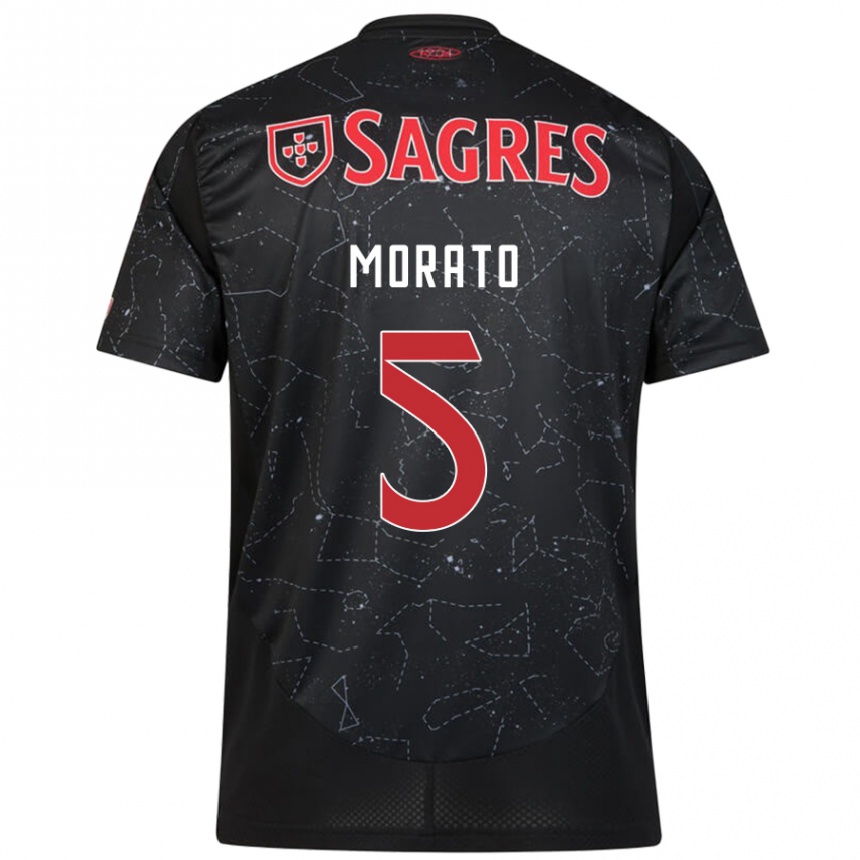 Kids Football Morato #5 Black Red Away Jersey 2024/25 T-Shirt Uk