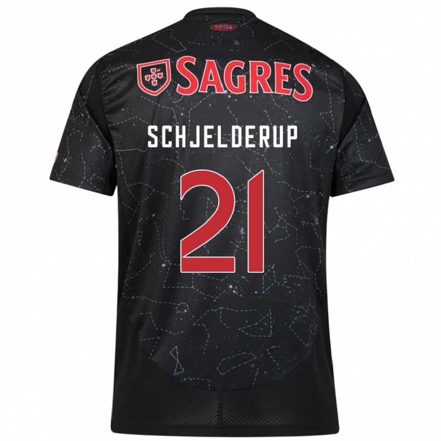 Kids Football Andreas Schjelderup #21 Black Red Away Jersey 2024/25 T-Shirt Uk