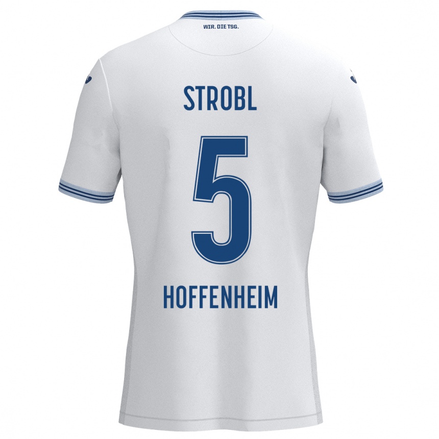 Kids Football Lars Strobl #5 White Blue Away Jersey 2024/25 T-Shirt Uk