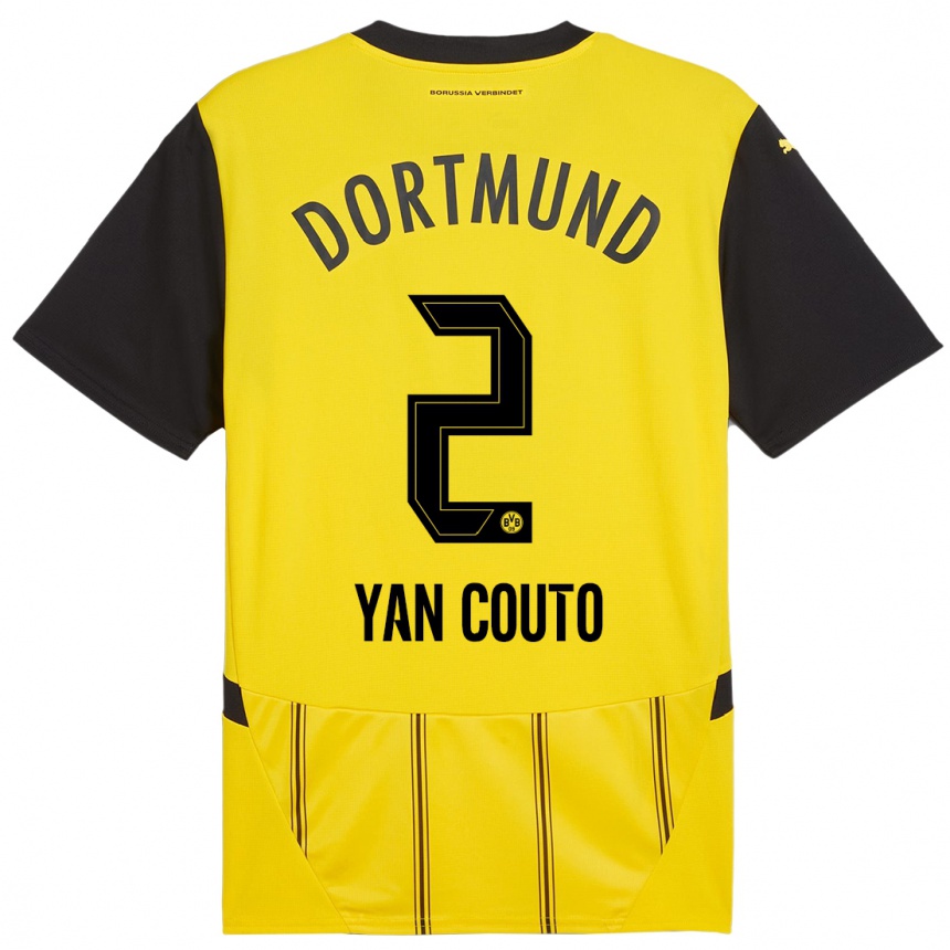 Men Football Yan Couto #2 Yellow Black Home Jersey 2024/25 T-Shirt Uk