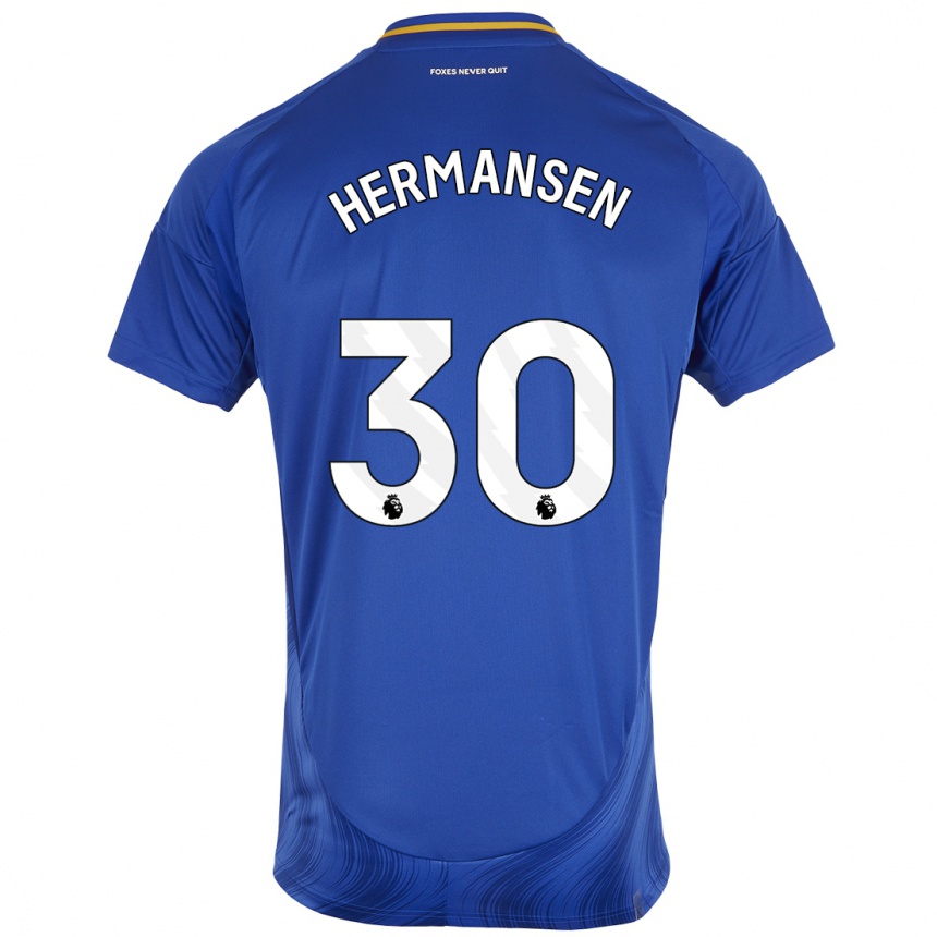 Men Football Mads Hermansen #30 Blue White Home Jersey 2024/25 T-Shirt Uk