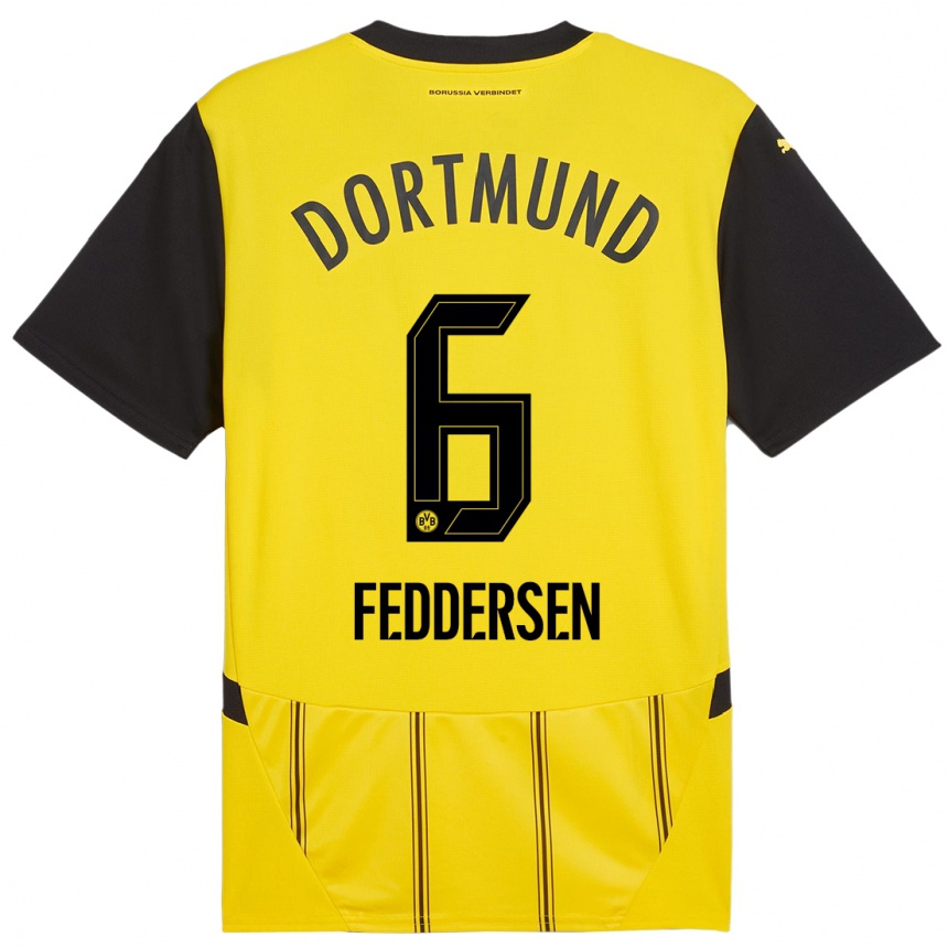 Women Football Jonas Feddersen #6 Yellow Black Home Jersey 2024/25 T-Shirt Uk