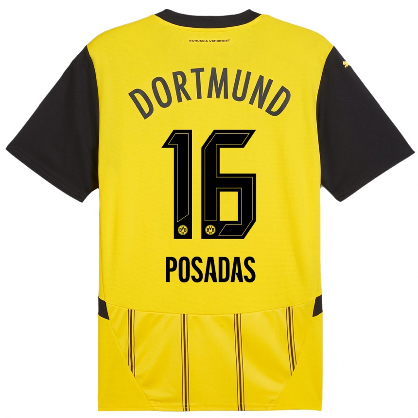 Women Football Leonardo Posadas #16 Yellow Black Home Jersey 2024/25 T-Shirt Uk