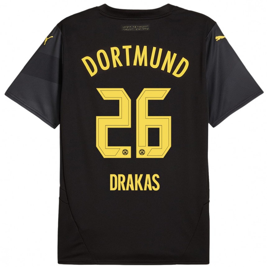 Women Football Babis Drakas #26 Black Yellow Away Jersey 2024/25 T-Shirt Uk