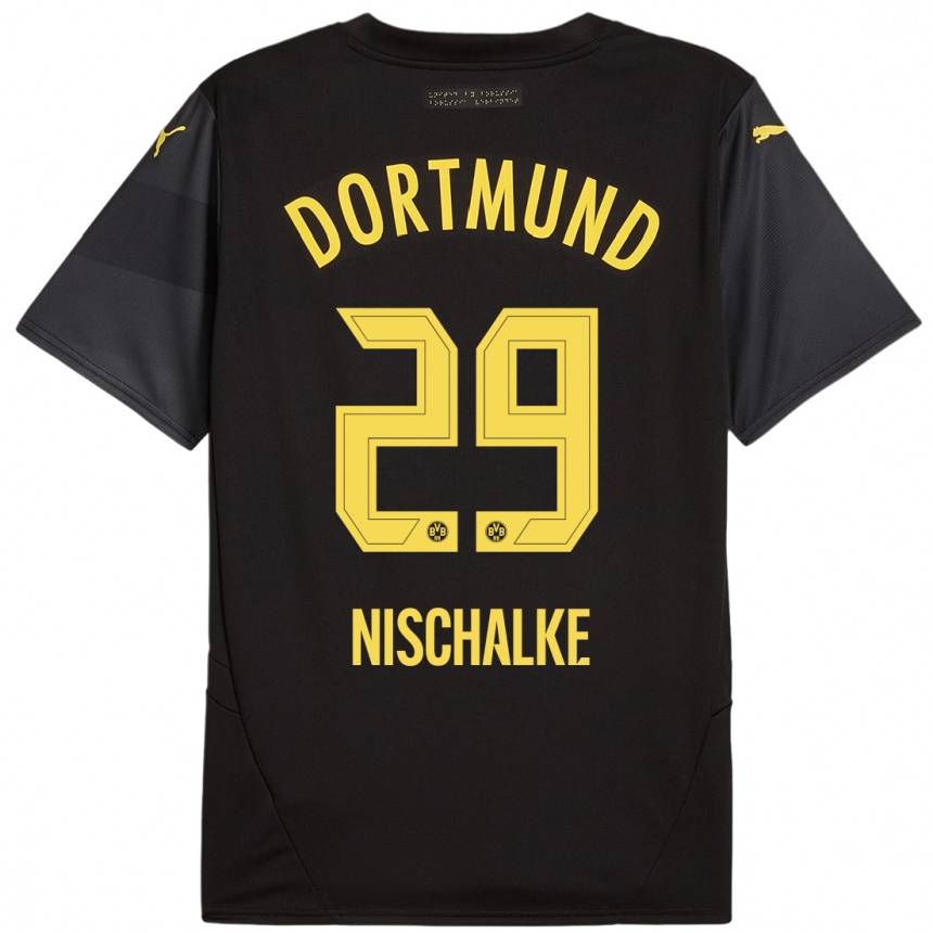 Women Football Jermain Nischalke #29 Black Yellow Away Jersey 2024/25 T-Shirt Uk