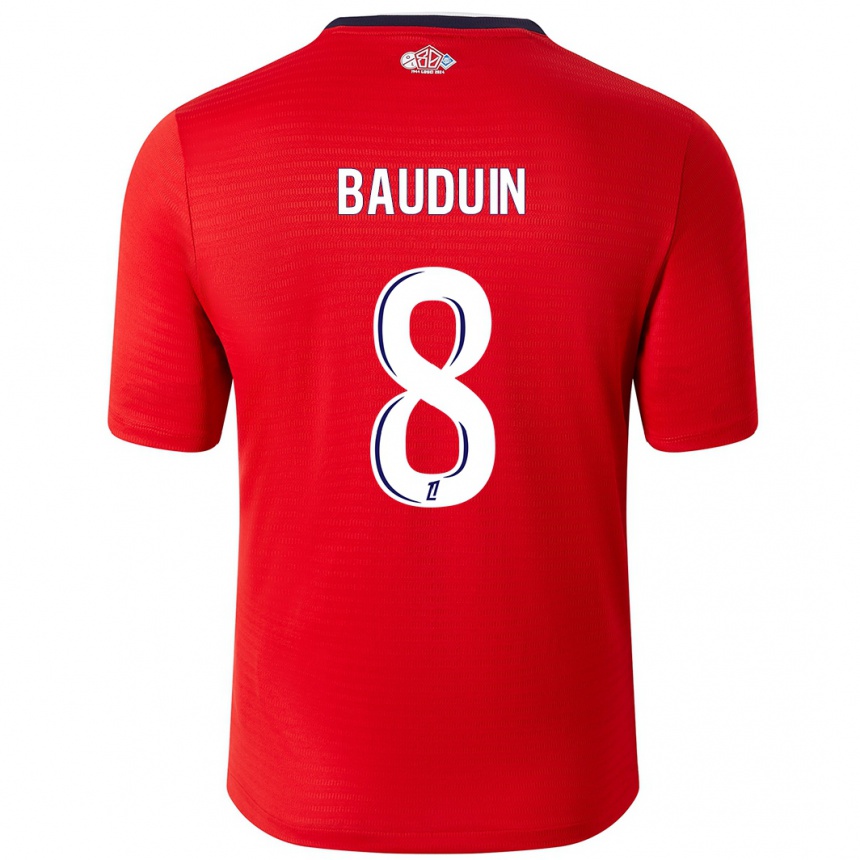 Kids Football Justine Bauduin #8 Red White Home Jersey 2024/25 T-Shirt Uk