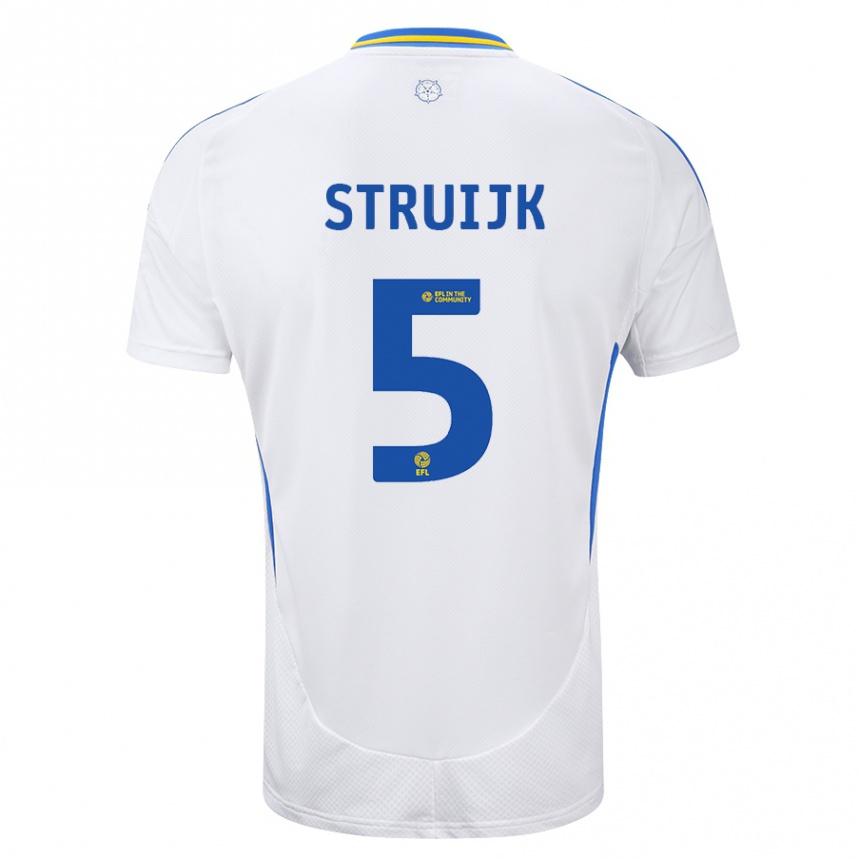 Kids Football Pascal Struijk #5 White Blue Home Jersey 2024/25 T-Shirt Uk