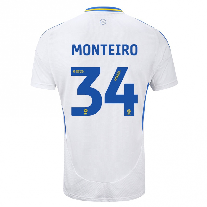 Kids Football Diogo Monteiro #34 White Blue Home Jersey 2024/25 T-Shirt Uk