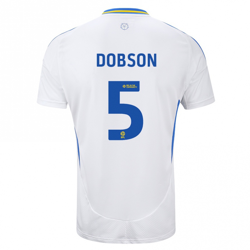 Kids Football Ellie Dobson #5 White Blue Home Jersey 2024/25 T-Shirt Uk