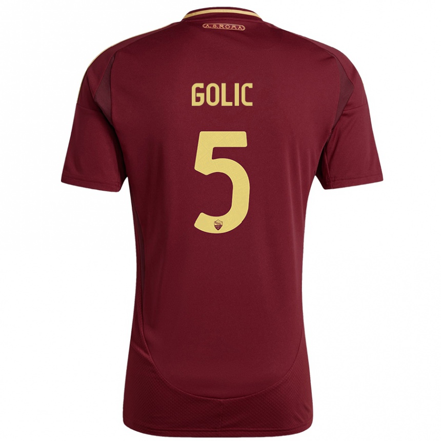 Kids Football Lovro Golic #5 Red Brown Gold Home Jersey 2024/25 T-Shirt Uk