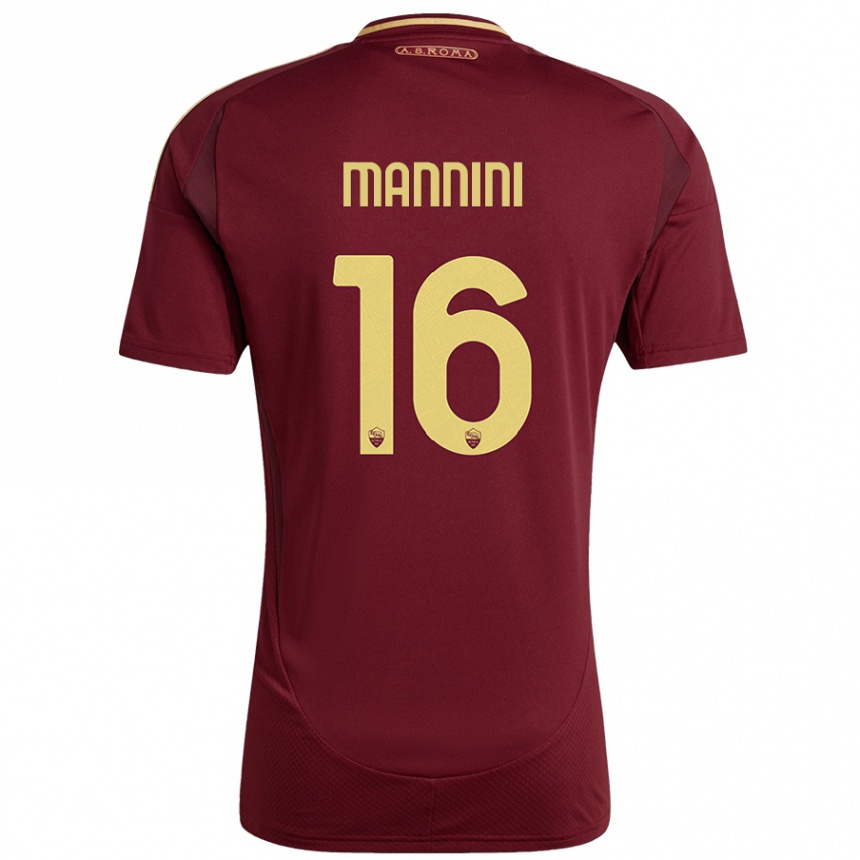 Kids Football Mattia Mannini #16 Red Brown Gold Home Jersey 2024/25 T-Shirt Uk