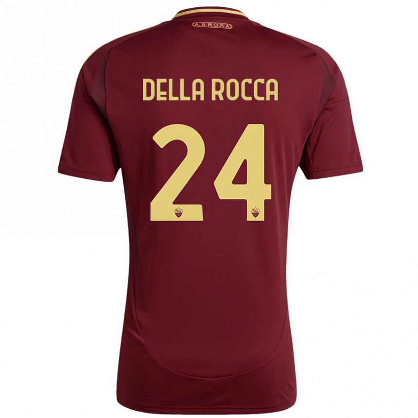 Kids Football Mattia Della Rocca #24 Red Brown Gold Home Jersey 2024/25 T-Shirt Uk