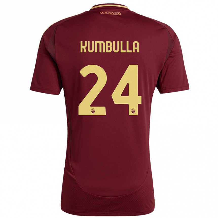 Kids Football Marash Kumbulla #24 Red Brown Gold Home Jersey 2024/25 T-Shirt Uk