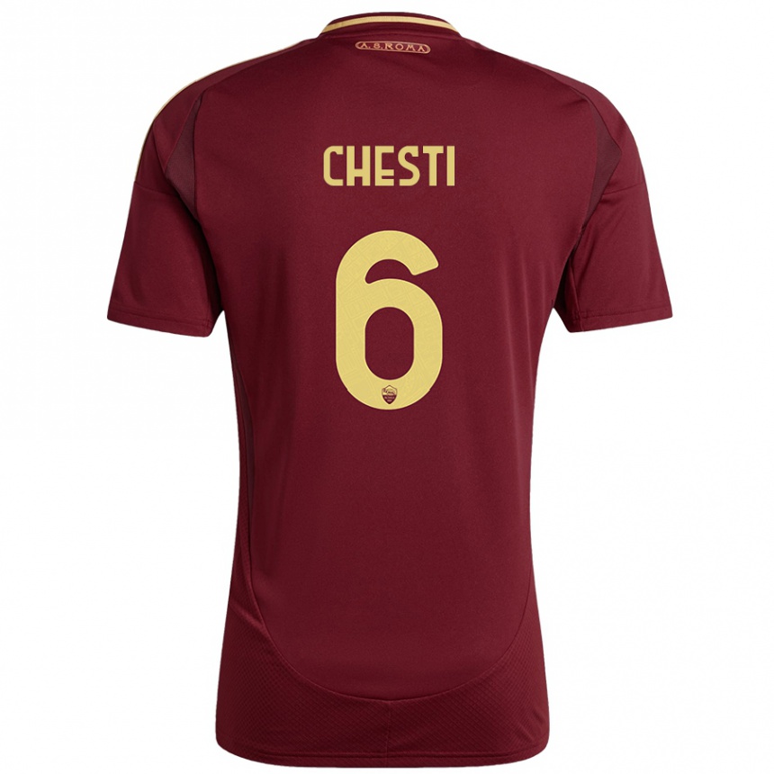 Kids Football Francesco Chesti #6 Red Brown Gold Home Jersey 2024/25 T-Shirt Uk