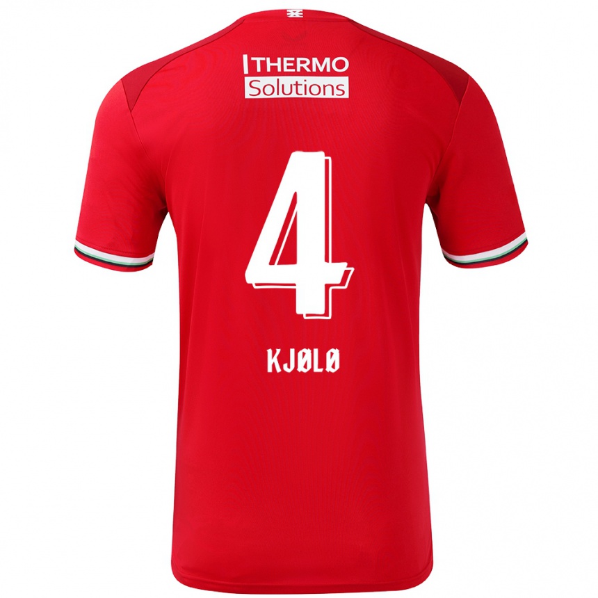 Kids Football Mathias Kjølø #4 Red White Home Jersey 2024/25 T-Shirt Uk