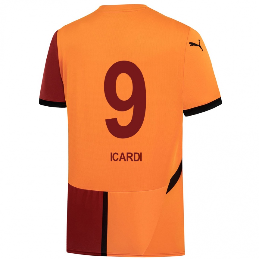 Kids Football Mauro Icardi #9 Yellow Red Home Jersey 2024/25 T-Shirt Uk