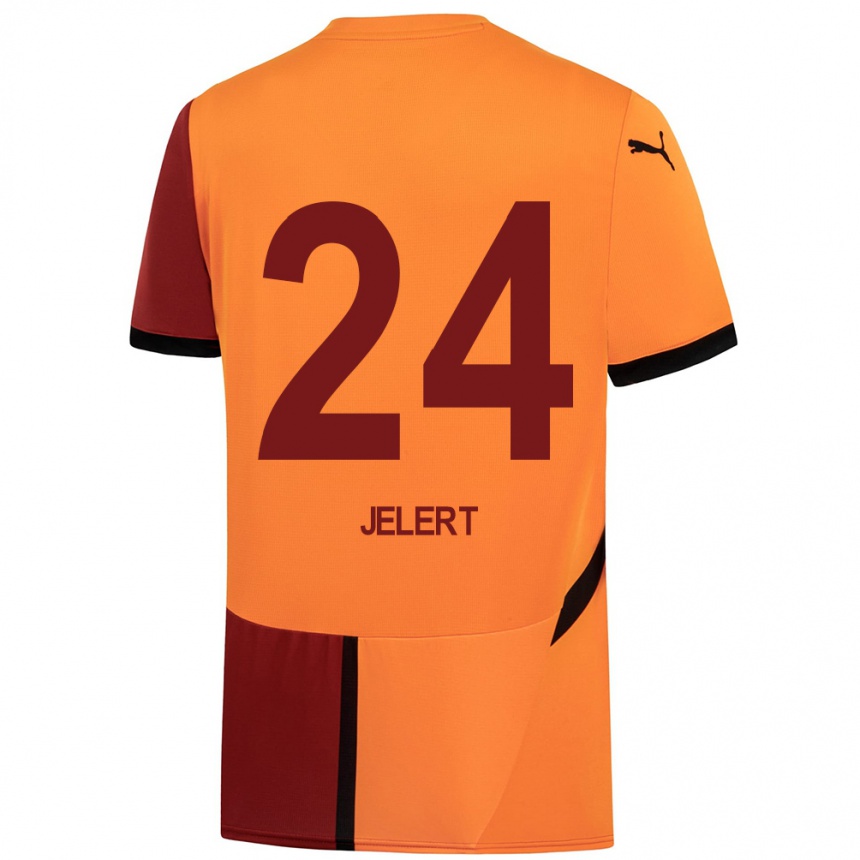 Kids Football Elias Jelert #24 Yellow Red Home Jersey 2024/25 T-Shirt Uk