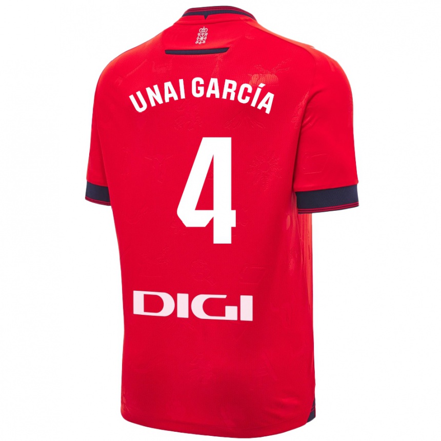 Kids Football Unai García #4 Red White Home Jersey 2024/25 T-Shirt Uk