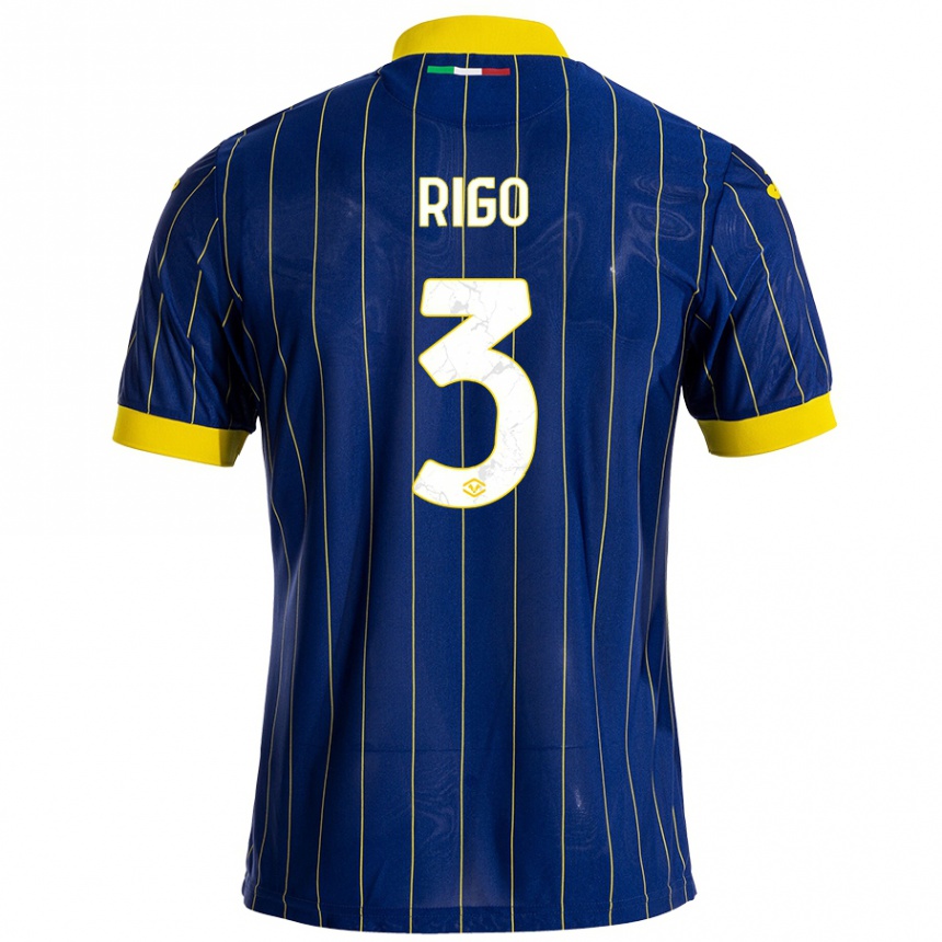 Kids Football Mattia Rigo #3 Blue Yellow Home Jersey 2024/25 T-Shirt Uk