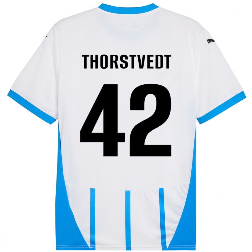 Kids Football Kristian Thorstvedt #42 White Blue Away Jersey 2024/25 T-Shirt Uk