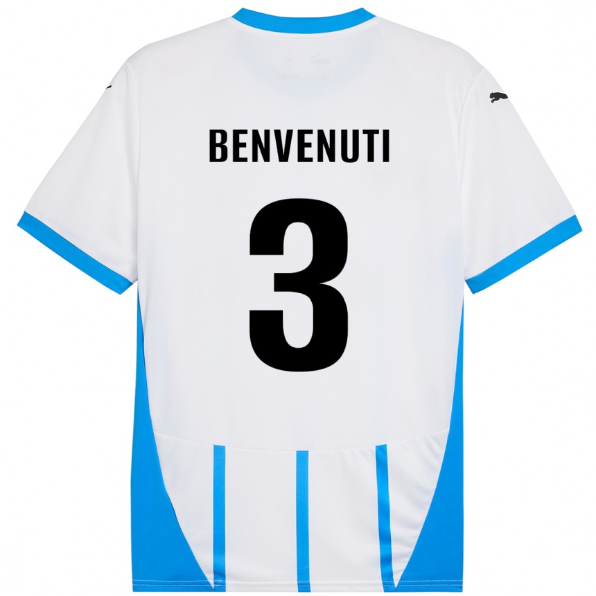 Kids Football Tommaso Benvenuti #3 White Blue Away Jersey 2024/25 T-Shirt Uk