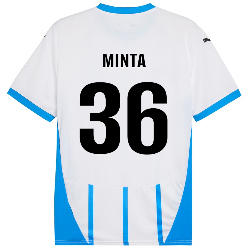 Kids Football Amoako Minta #36 White Blue Away Jersey 2024/25 T-Shirt Uk