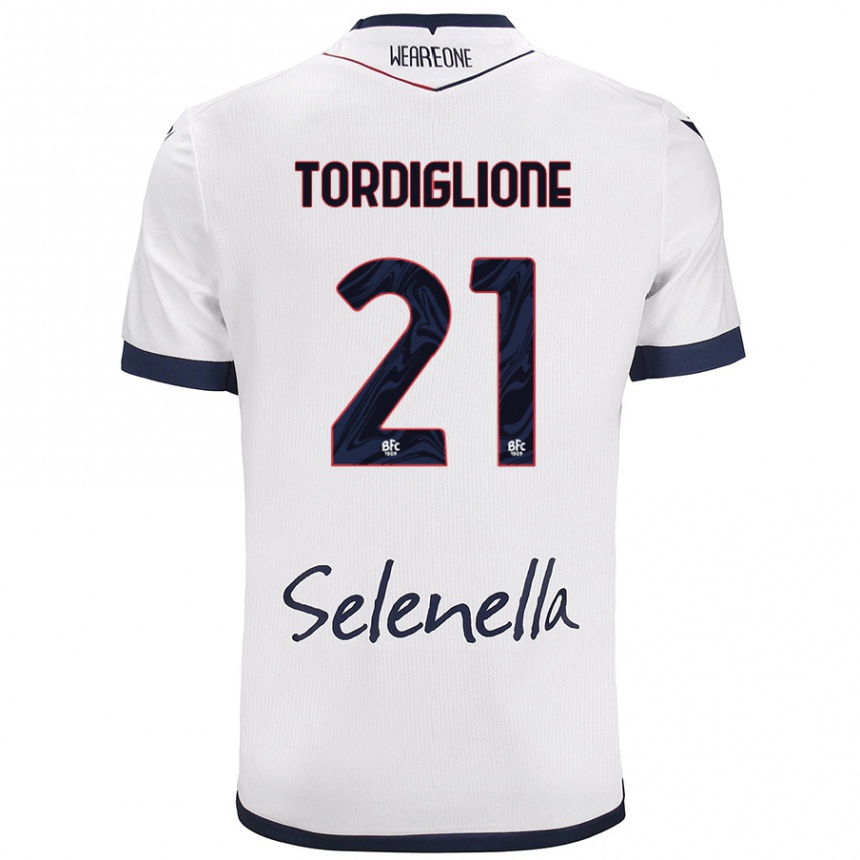 Kids Football Nicolò Tordiglione #21 White Royal Blue Away Jersey 2024/25 T-Shirt Uk