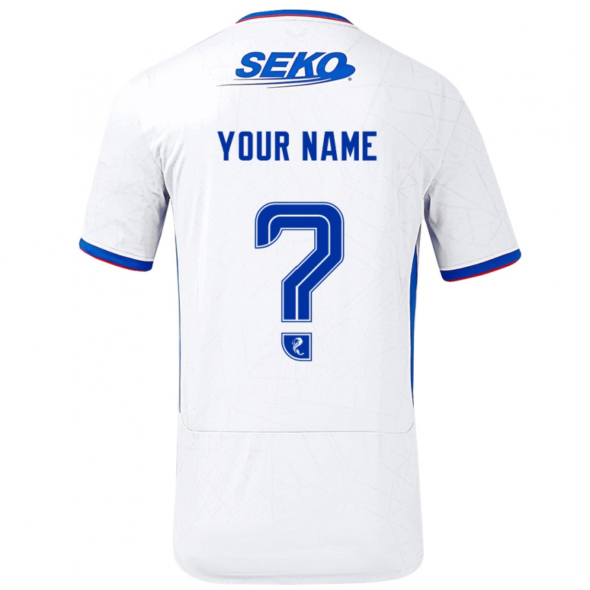 Kids Football Your Name #0 White Blue Away Jersey 2024/25 T-Shirt Uk