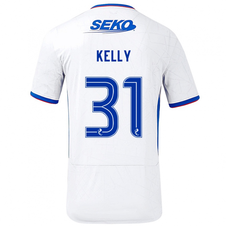 Kids Football Liam Kelly #31 White Blue Away Jersey 2024/25 T-Shirt Uk