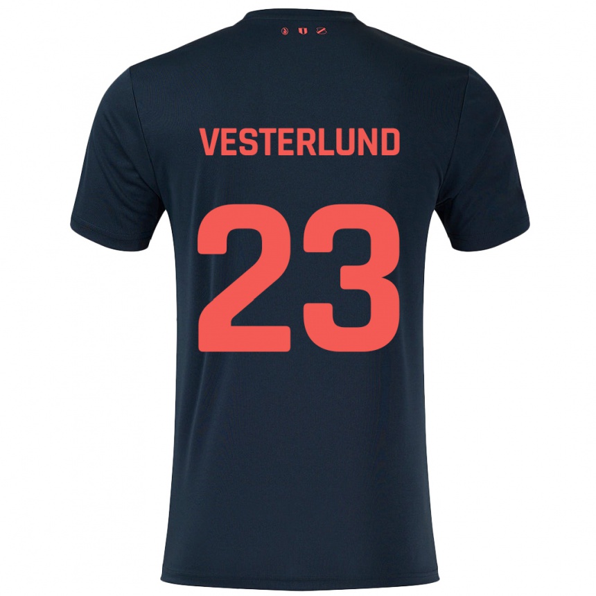 Kids Football Niklas Vesterlund #23 Black Red Away Jersey 2024/25 T-Shirt Uk