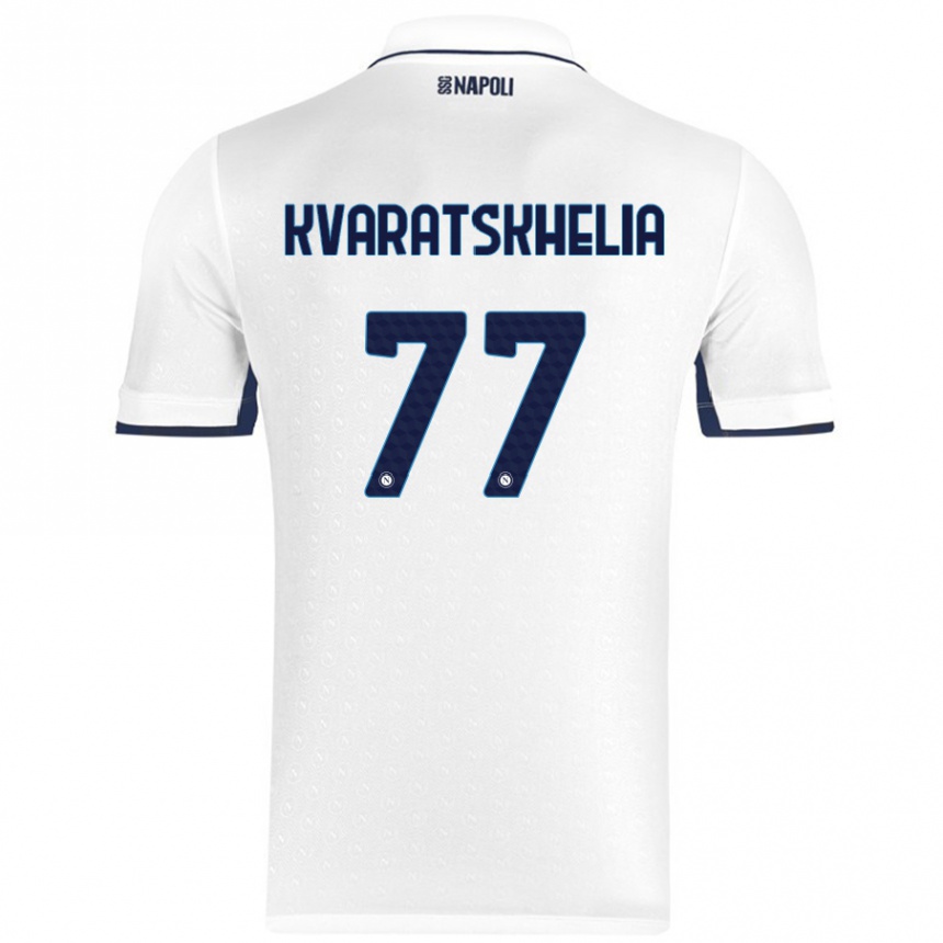 Kids Football Khvicha Kvaratskhelia #77 White Royal Blue Away Jersey 2024/25 T-Shirt Uk