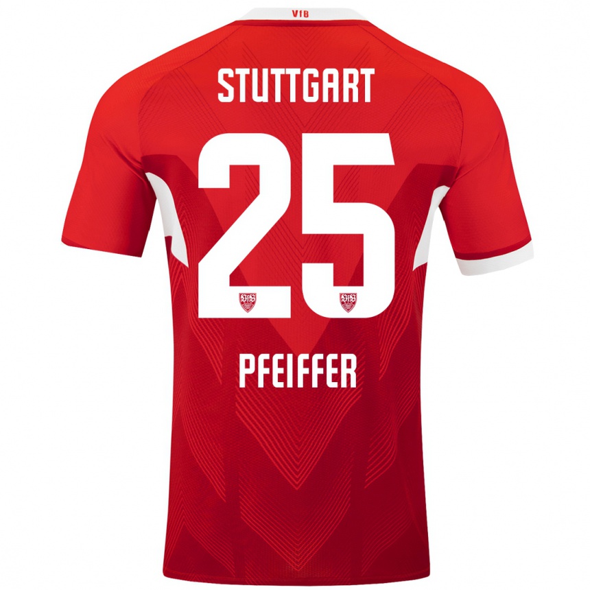 Kids Football Luca Pfeiffer #25 Red White Away Jersey 2024/25 T-Shirt Uk