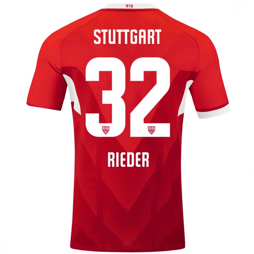 Kids Football Fabian Rieder #32 Red White Away Jersey 2024/25 T-Shirt Uk