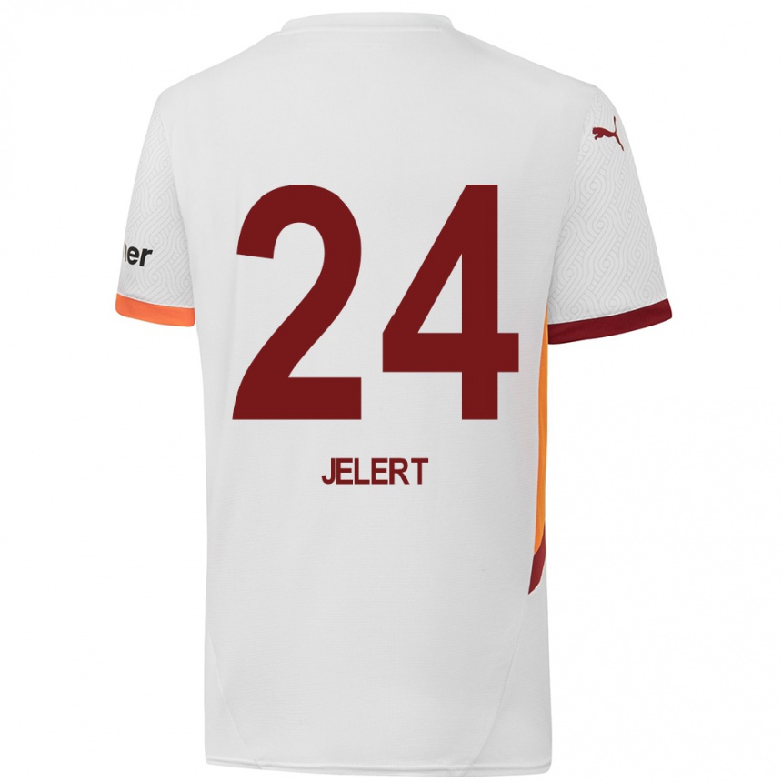 Kids Football Elias Jelert #24 White Yellow Red Away Jersey 2024/25 T-Shirt Uk