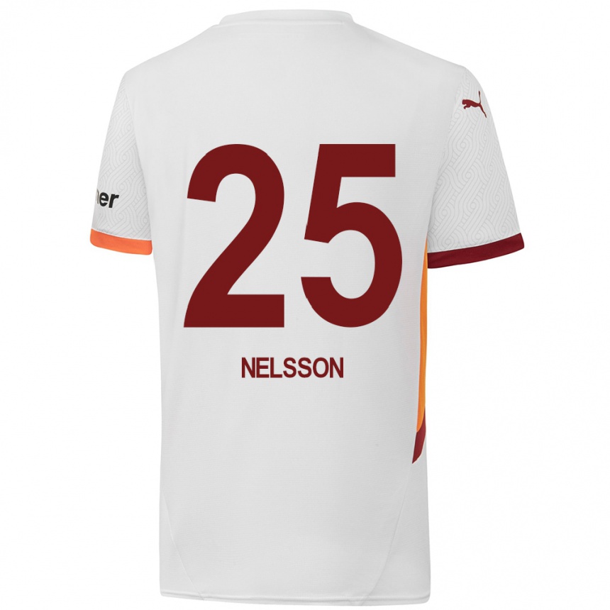 Kids Football Victor Nelsson #25 White Yellow Red Away Jersey 2024/25 T-Shirt Uk