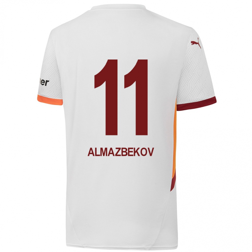 Kids Football Beknaz Almazbekov #11 White Yellow Red Away Jersey 2024/25 T-Shirt Uk