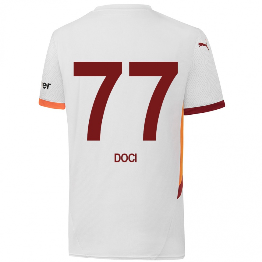 Kids Football Megi Doci #77 White Yellow Red Away Jersey 2024/25 T-Shirt Uk