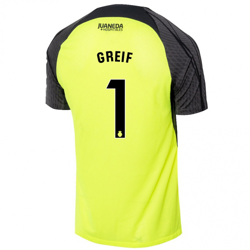 Kids Football Dominik Greif #1 Fluorescent Green Black Away Jersey 2024/25 T-Shirt Uk