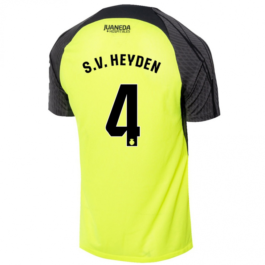 Kids Football Siebe Van Der Heyden #4 Fluorescent Green Black Away Jersey 2024/25 T-Shirt Uk