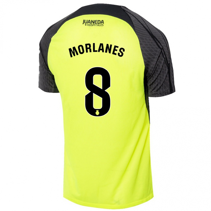 Kids Football Manu Morlanes #8 Fluorescent Green Black Away Jersey 2024/25 T-Shirt Uk