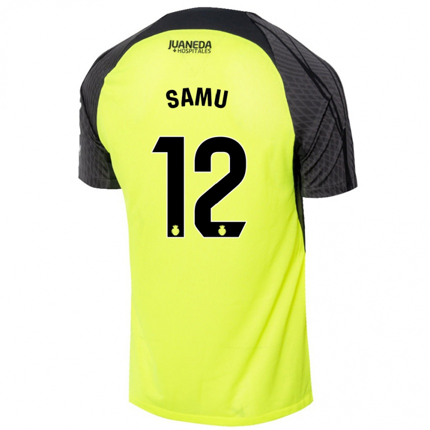 Kids Football Samú Costa #12 Fluorescent Green Black Away Jersey 2024/25 T-Shirt Uk