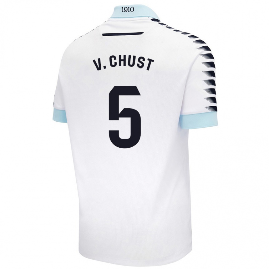 Kids Football Víctor Chust #5 White Blue Away Jersey 2024/25 T-Shirt Uk