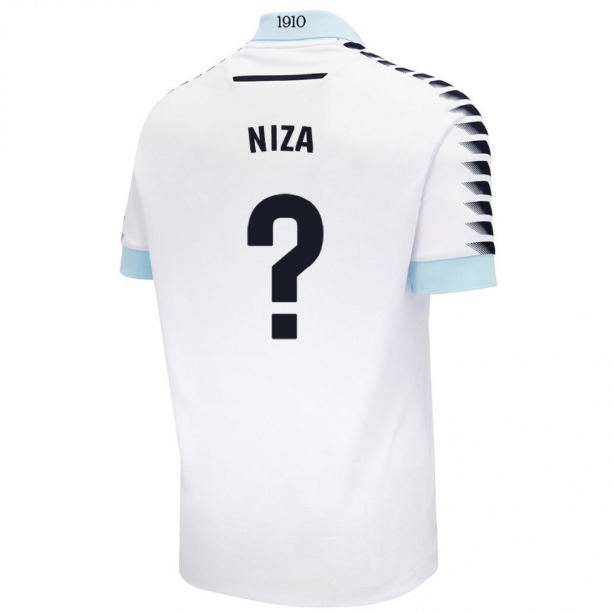 Kids Football Sergio Niza #0 White Blue Away Jersey 2024/25 T-Shirt Uk