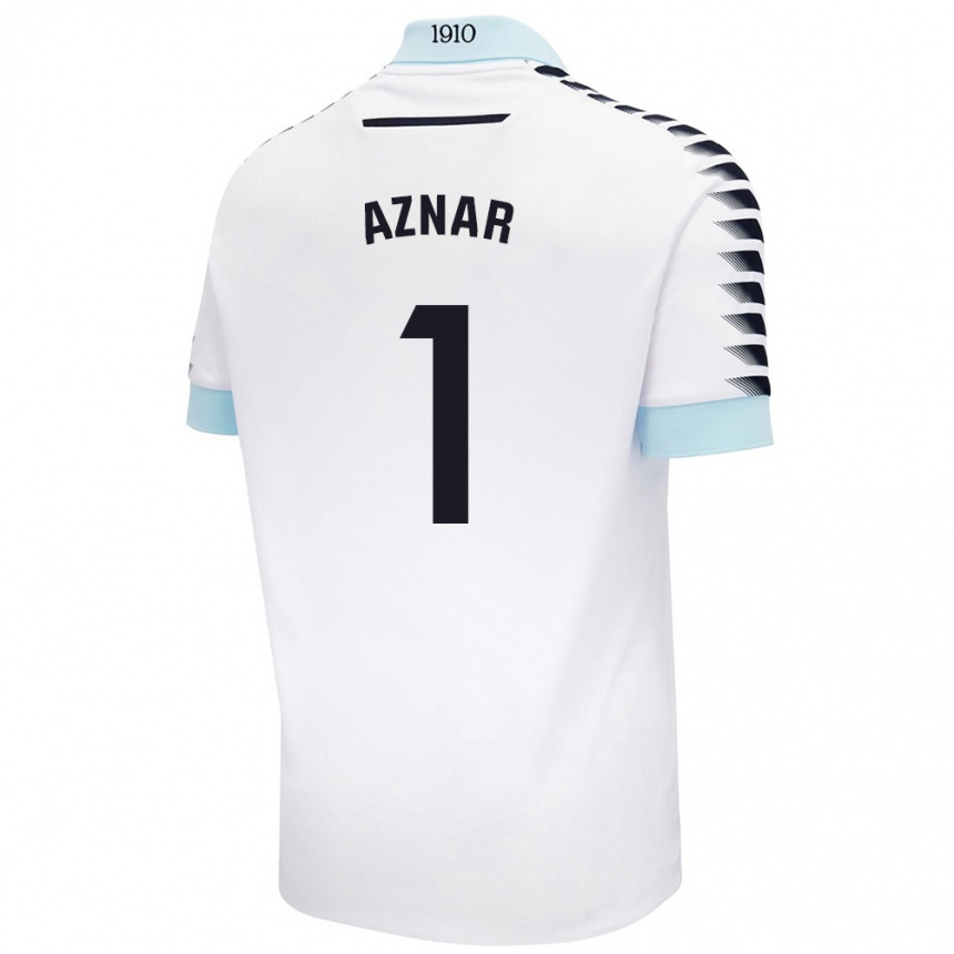 Kids Football Victor Aznar #1 White Blue Away Jersey 2024/25 T-Shirt Uk