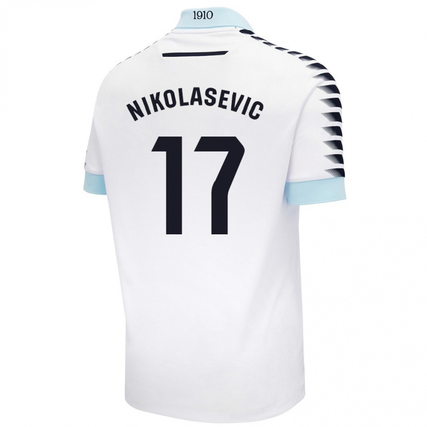 Kids Football Mirko Nikolasevic #17 White Blue Away Jersey 2024/25 T-Shirt Uk