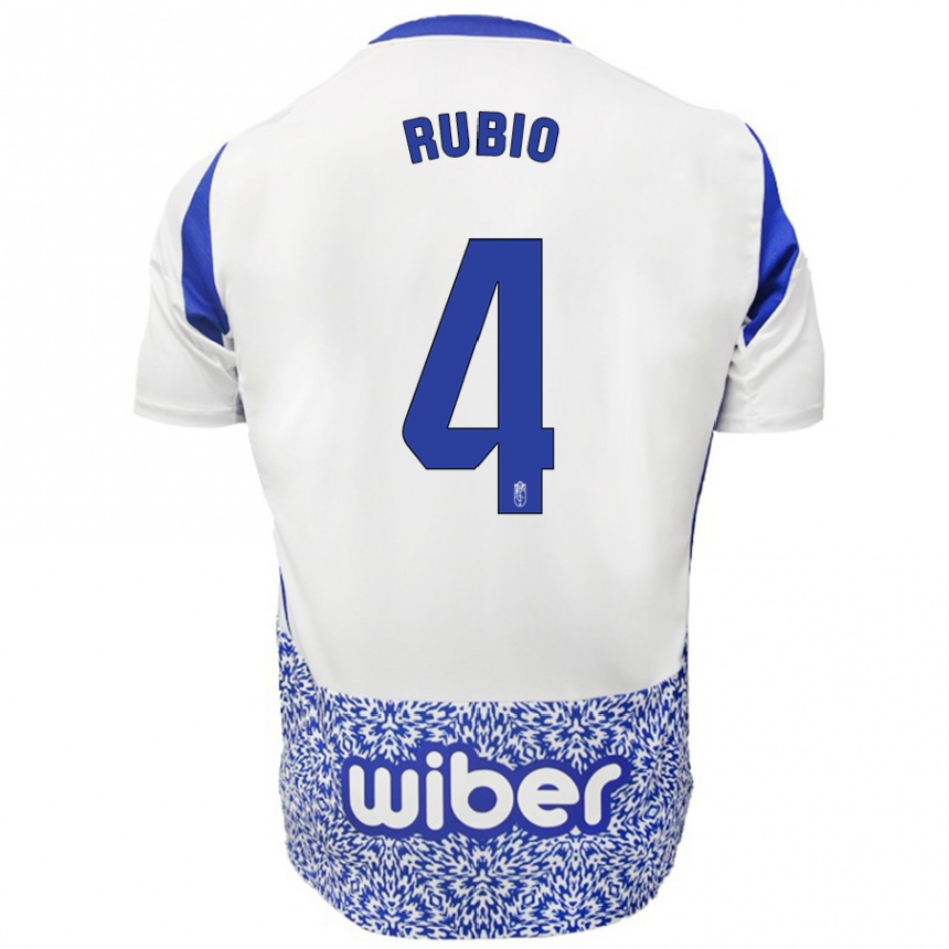 Kids Football Miguel Rubio #4 White Blue Away Jersey 2024/25 T-Shirt Uk